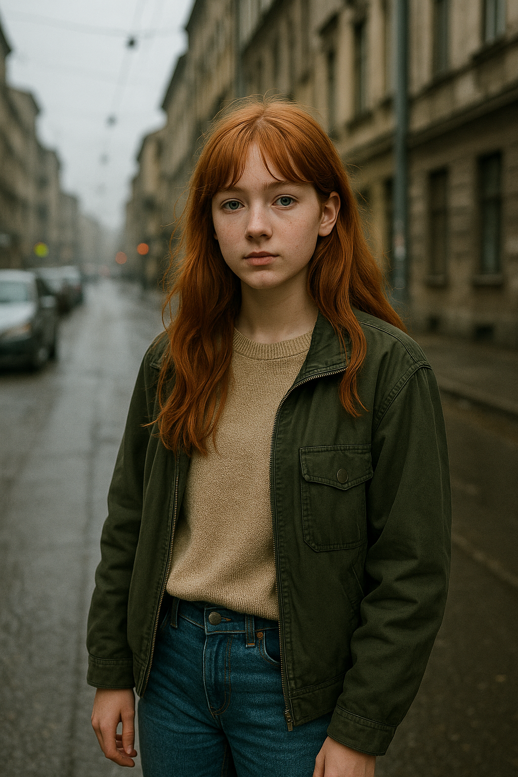 Red-Haired Woman on Wet Street.png